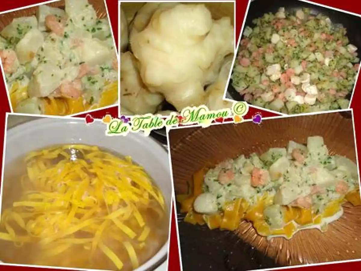 Pâtes maison aux topinambours, noix de pétoncle et crevettes