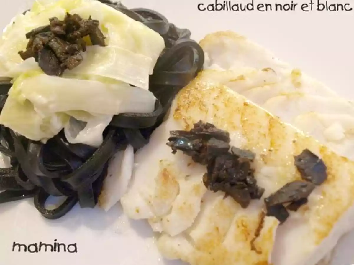 Pavé de cabillaud aux olives et pâtes à l'encre de seiche