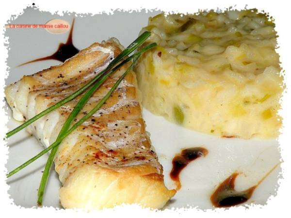 Pavé de cabillaud rôti et risotto aux poireaux.