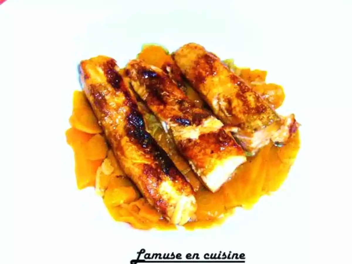 Pavé de saumon laqué miel-soja, carottes caramélisées a la coriandre