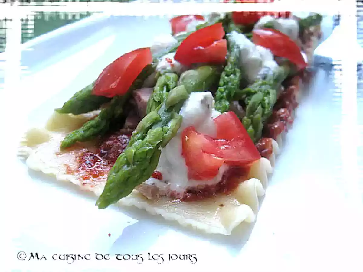 Pavés de lasagnes aux asperges, au canard confit et aux noisettes - photo 2