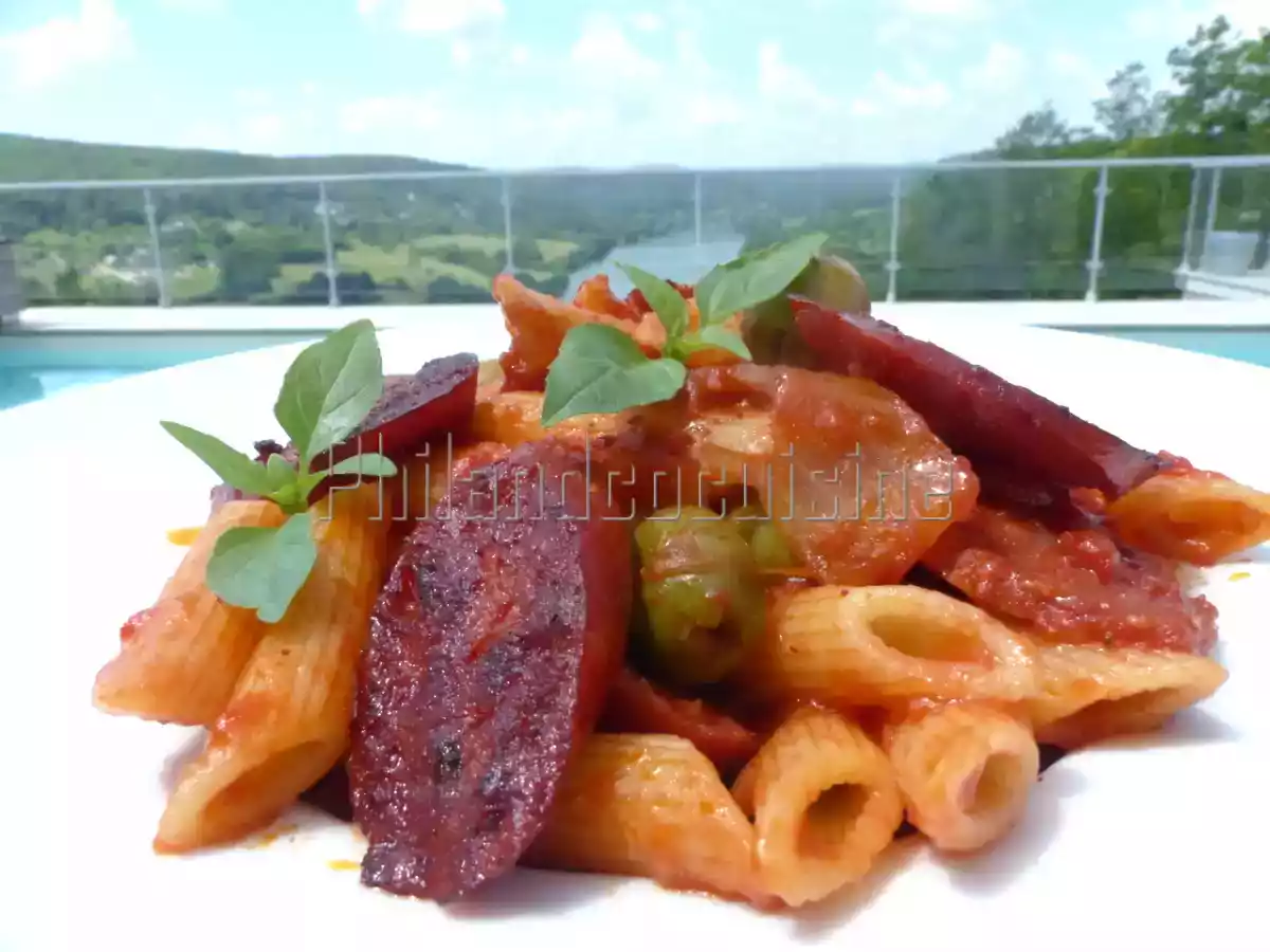 Penne au chorizo et aux olives
