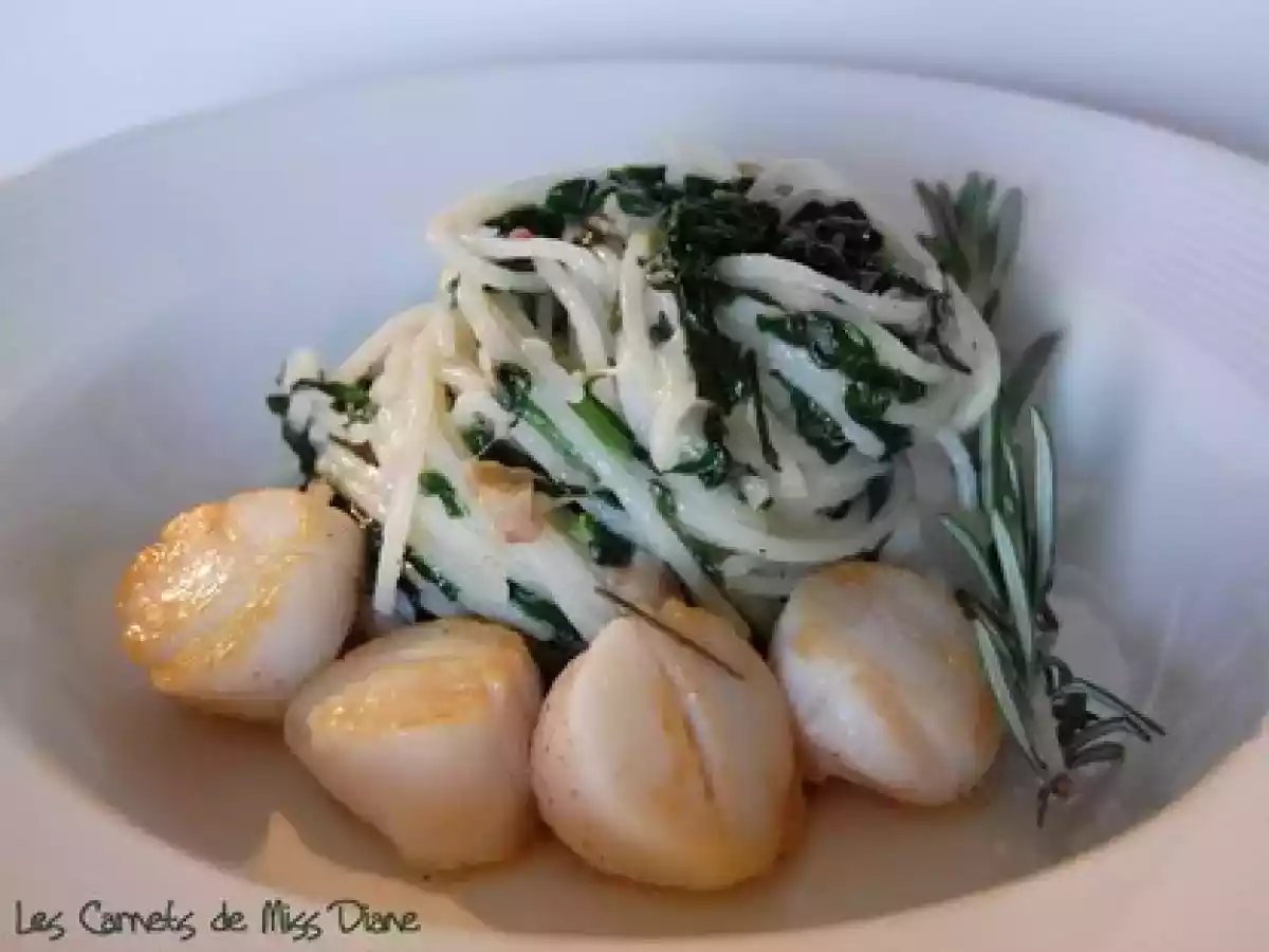 Pétoncles et pâtes aux épinards