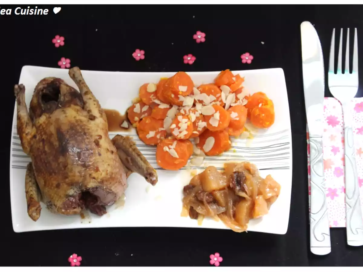 Pigeonneaux rotis, carottes confites et chutney de poires aux raisins