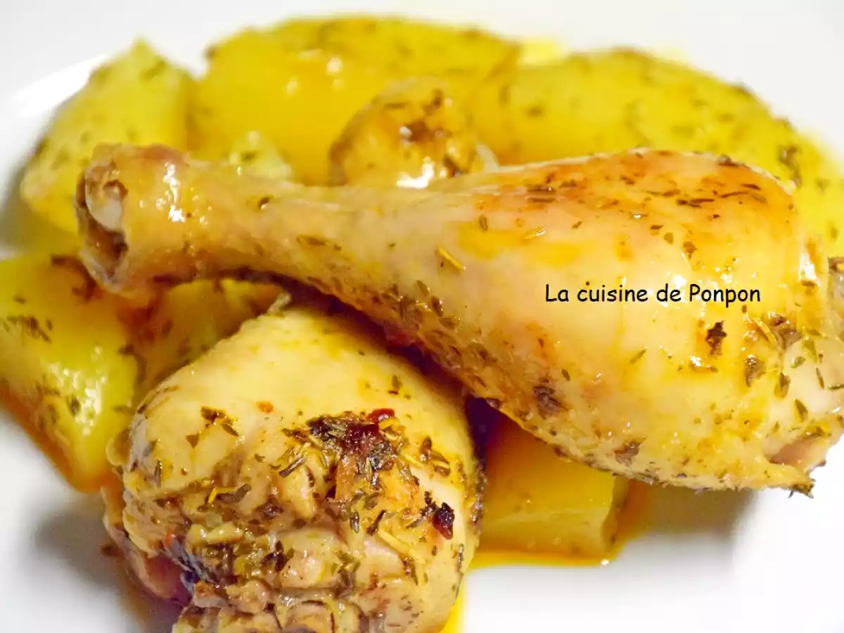 Pilon de poulet mariné et pommes de terre au four au poivre