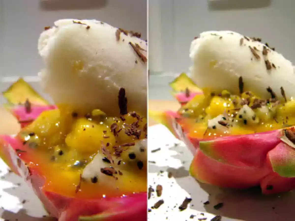 Pitahaya, mangues, fruits de la passion, salade de fruits haute en couleurs et en craquant - photo 4