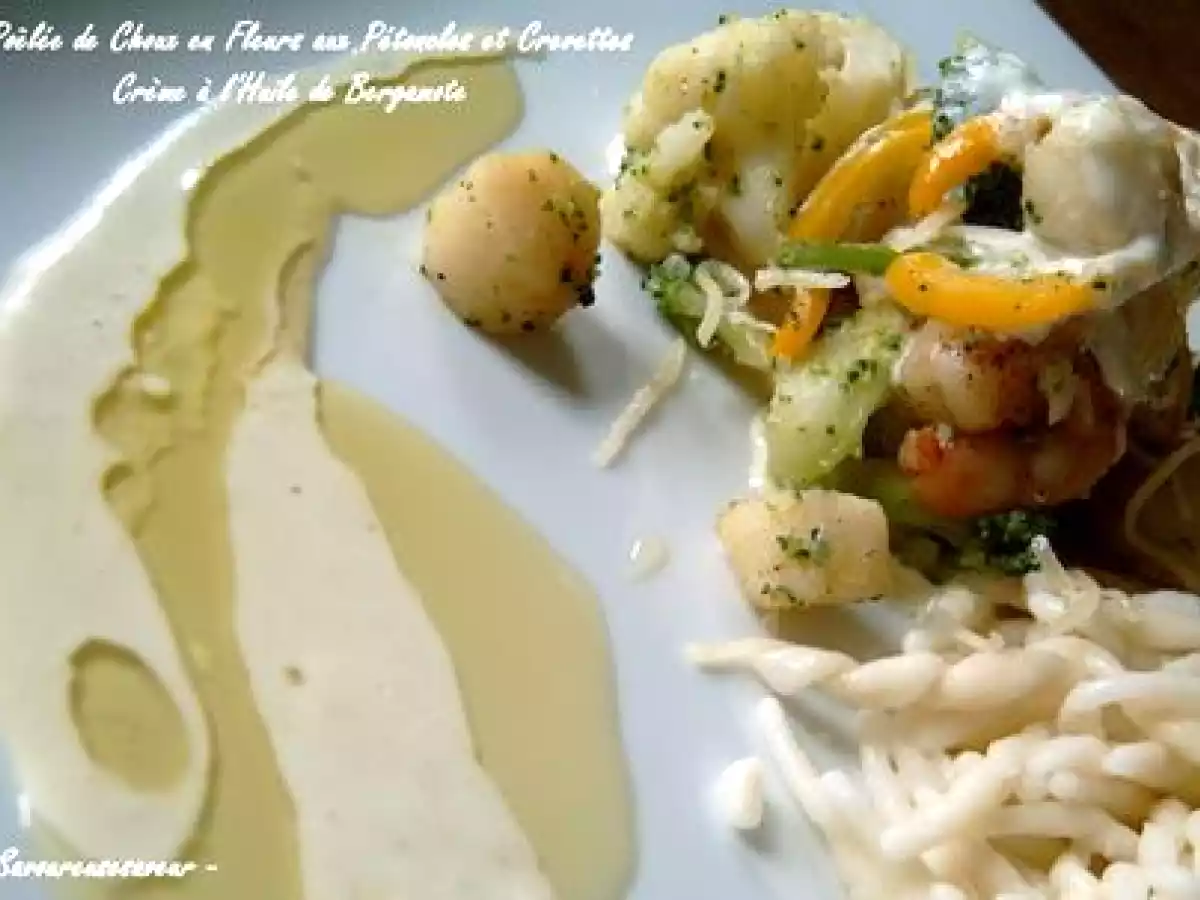 Poêlée de Choux en Fleurs aux Pétoncles et Crevettes - Crème à l'Huile de Bergamote