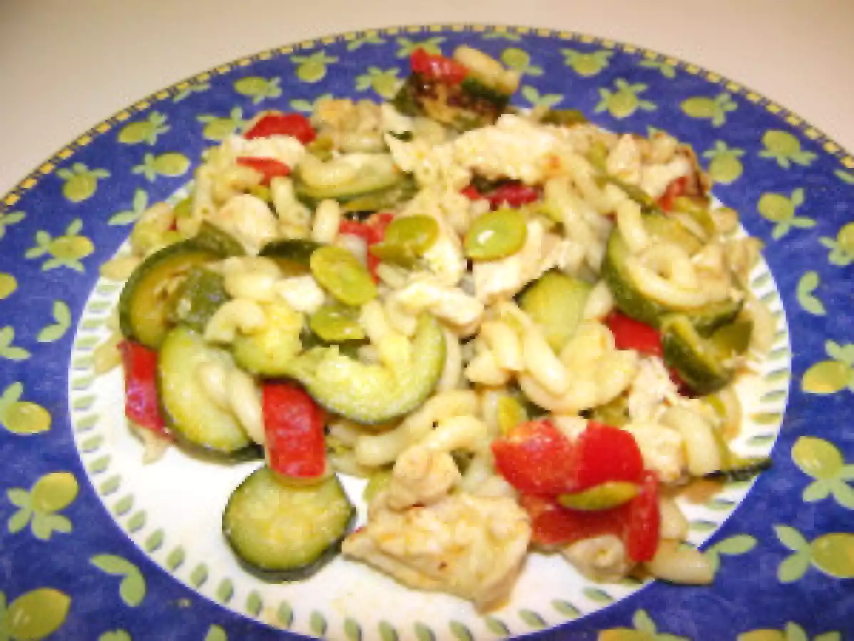 Poêlée : Poulet, poivrons, courgettes, feves et coquillettes