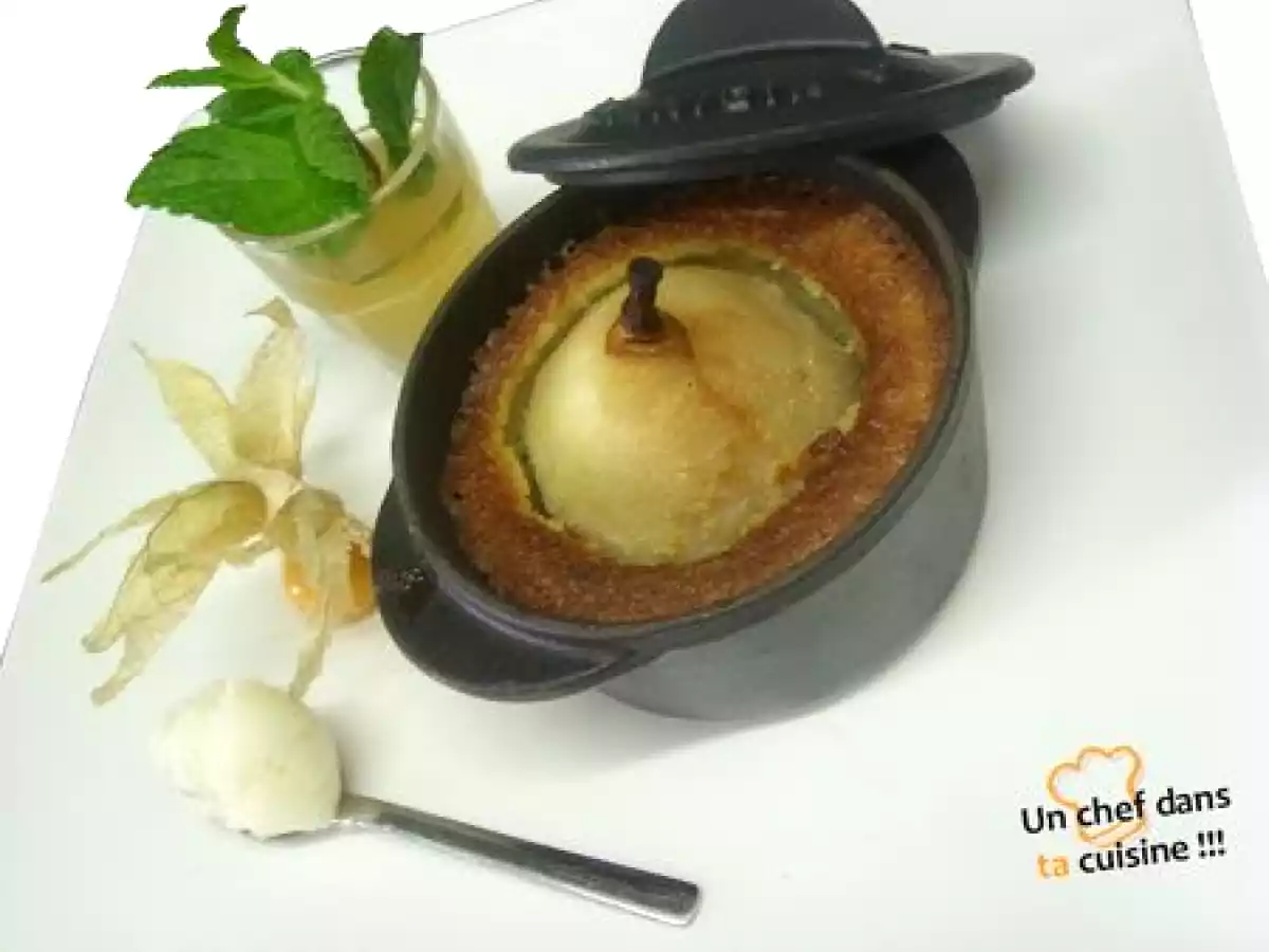 Poire en Cocotte, crème aux Amandes