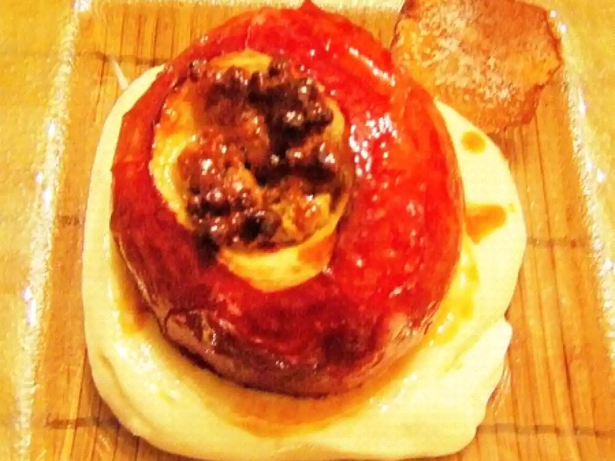 Pommes au four aux fruits secs, miel et orange & sa mousse au caramel.