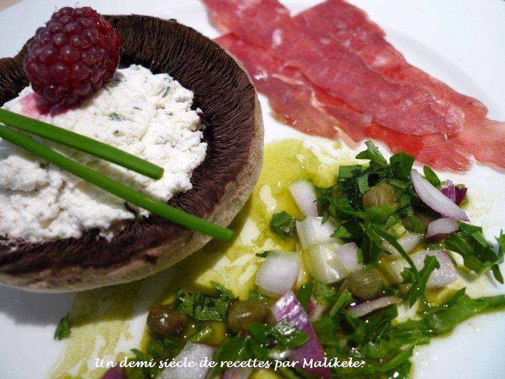 Portobellos farcis au chévre, vinaigrette au thé matcha Recette Ptitchef