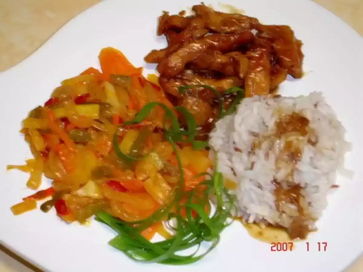 Poulet au caramel/gingembre et sa garniture