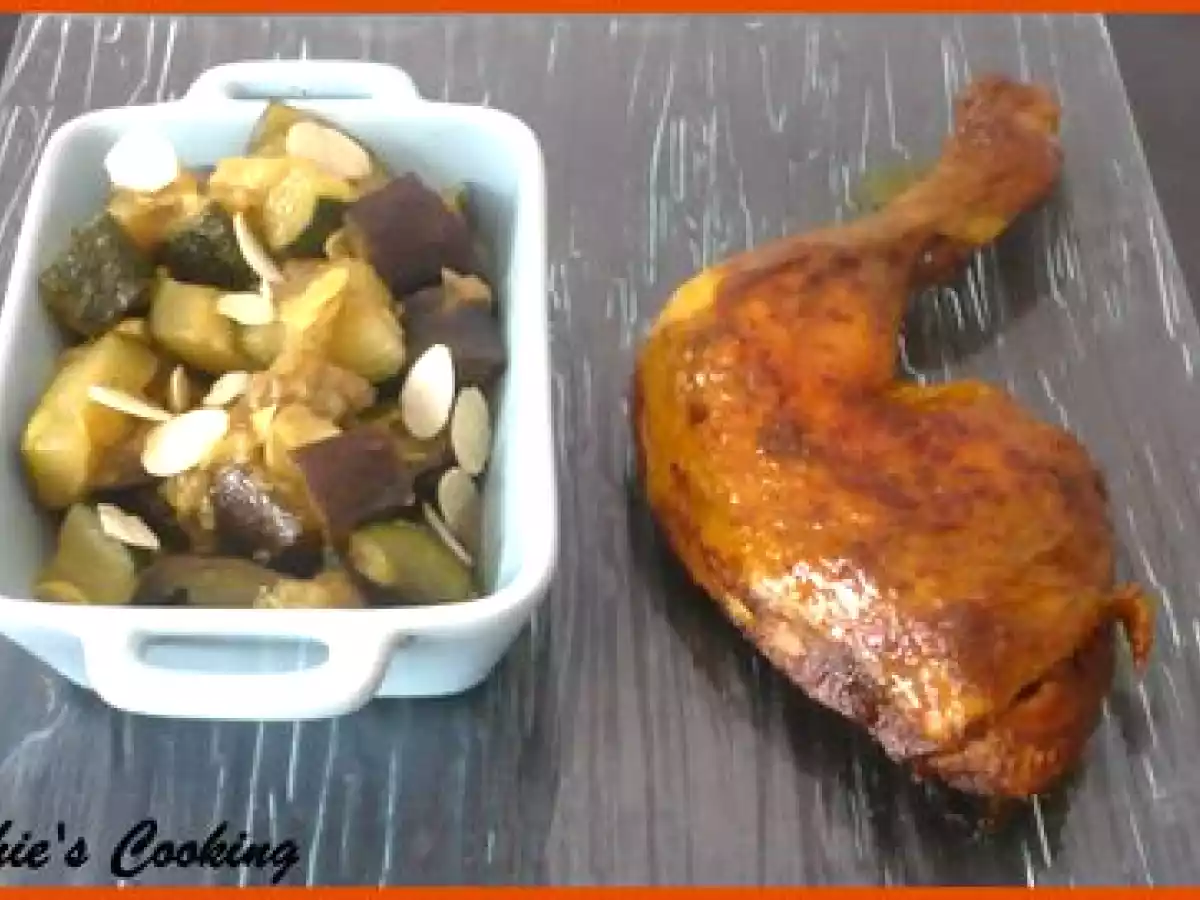 Poulet au raz el hanout, Aubergine et courgette aux amandes