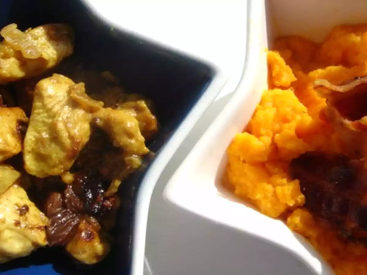 Poulet aux raisins et Purée de carottes au curcuma