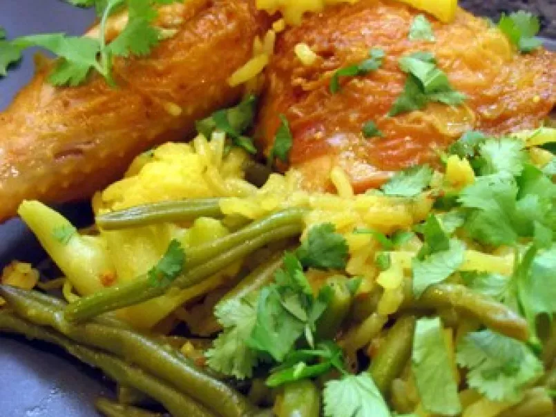Poulet curry citron et pilaf de chou-fleur et haricots verts
