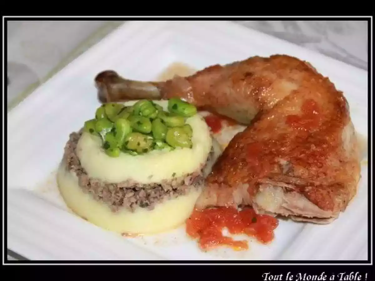 Poulet farci, purée mousseline maison et fèves poêlées