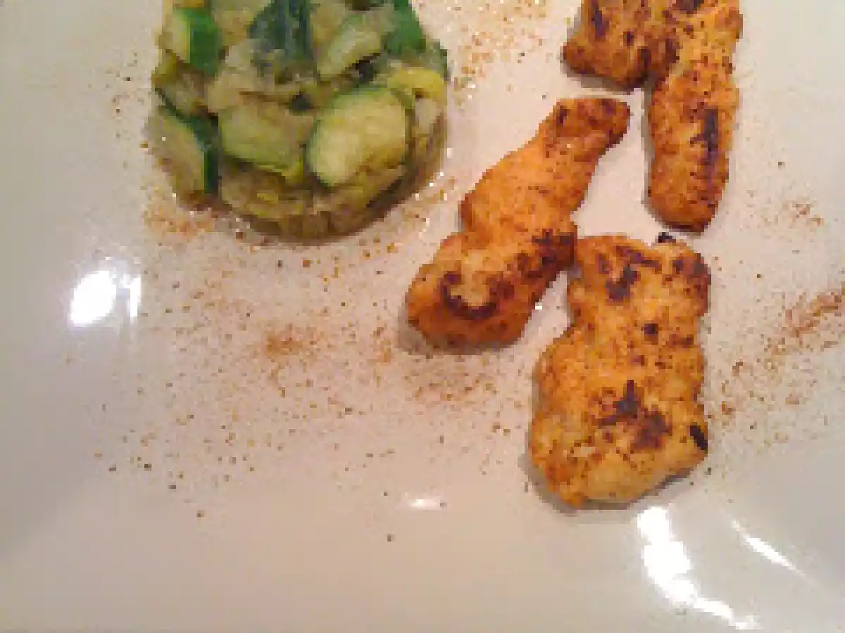 Poulet mariné et sa fondue de poireaux et courgettes