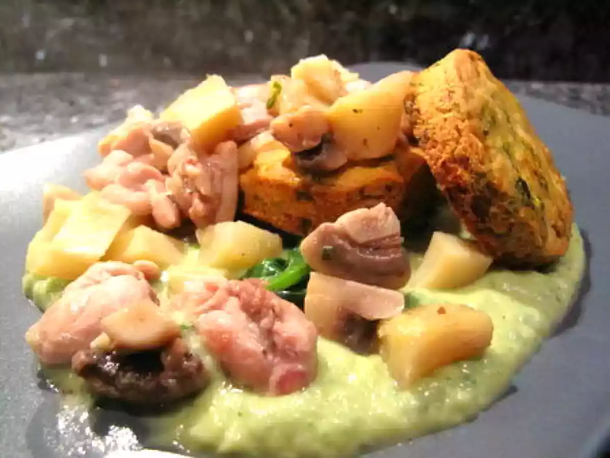 Poulet sauté aux artichauts sur coulis d'artichauts à l'ail des ours