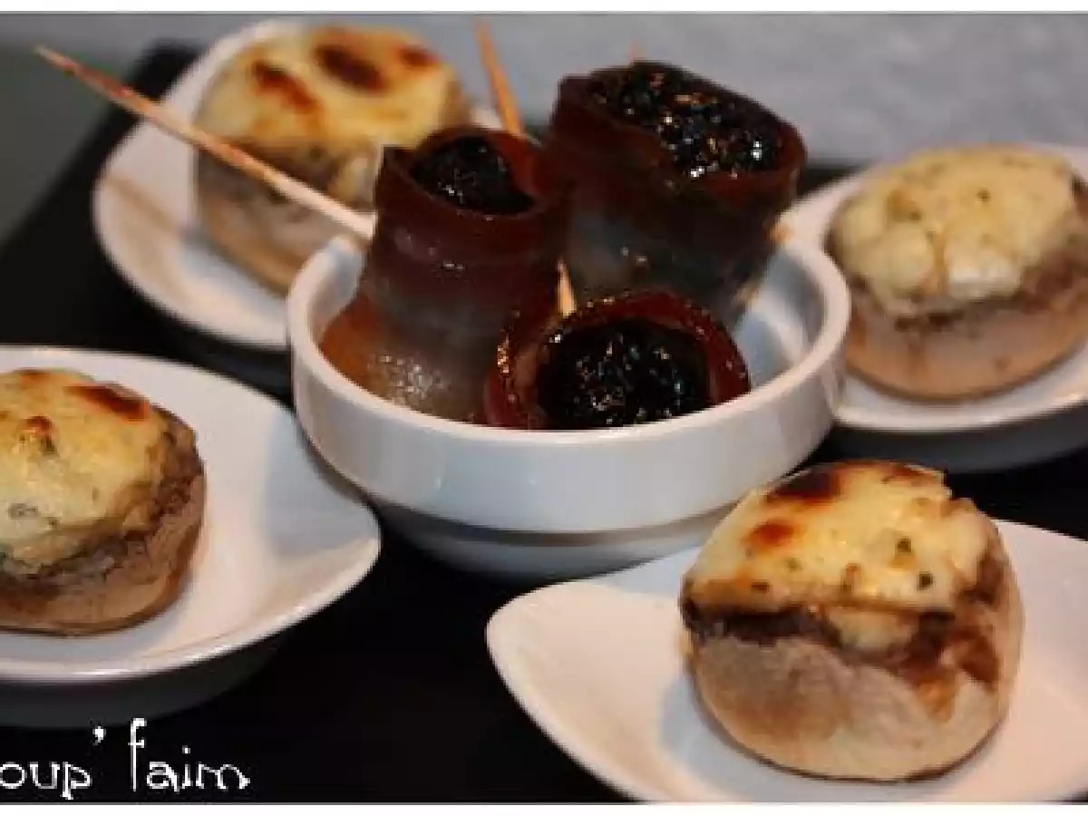 Pruneaux lardés et champignons farcis ...