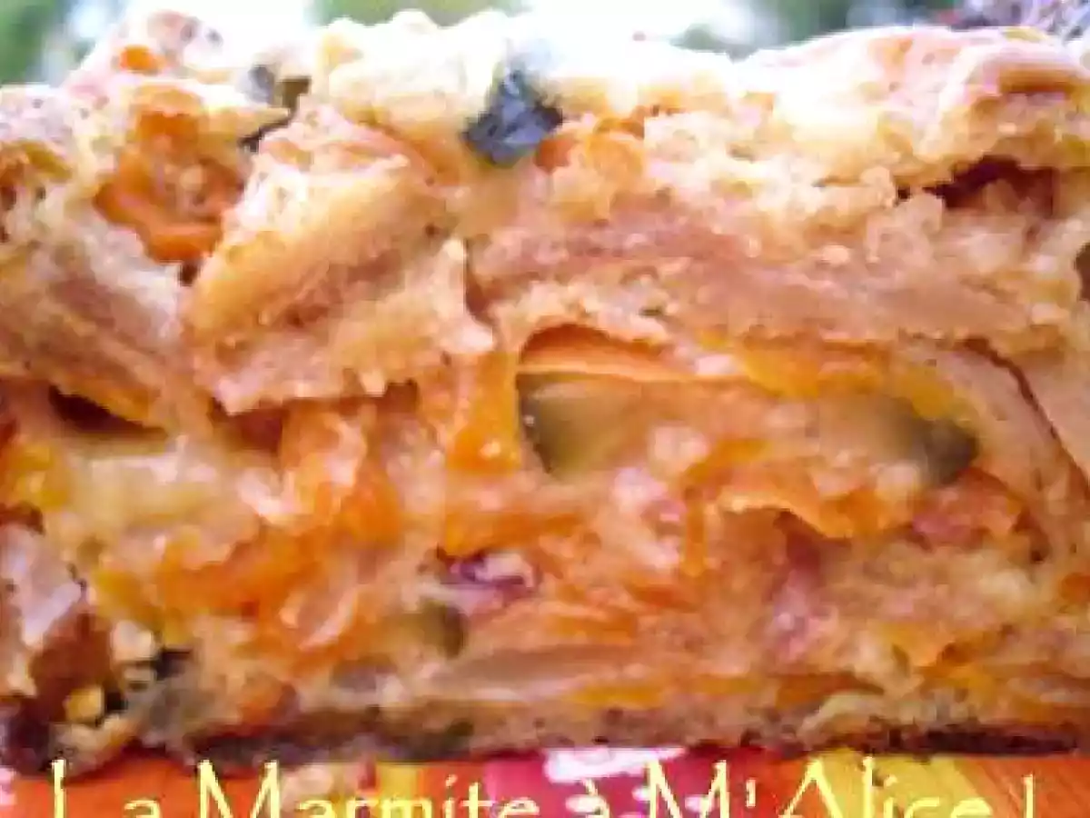 Pudding salé, oignons, courgettes, carottes, coeur de camembert