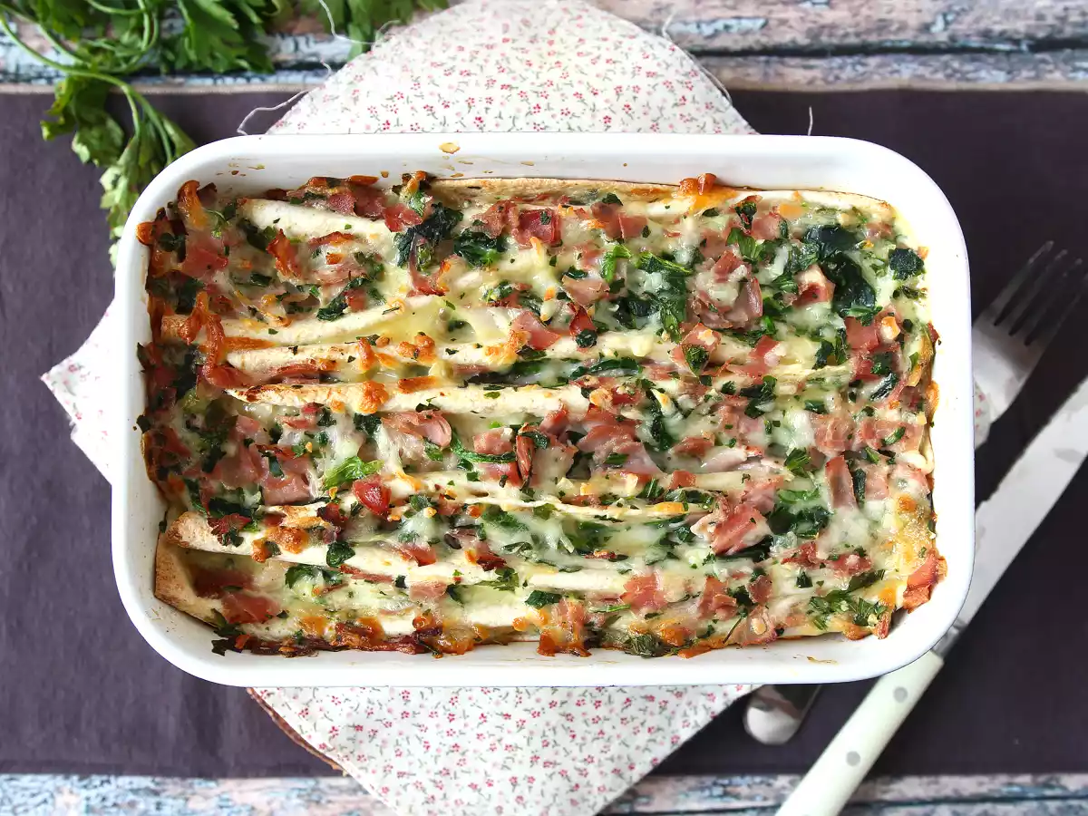 Que faire avec des tortillas? Gratin au jambon, épinards et mozzarella façon crinkle cake - photo 5