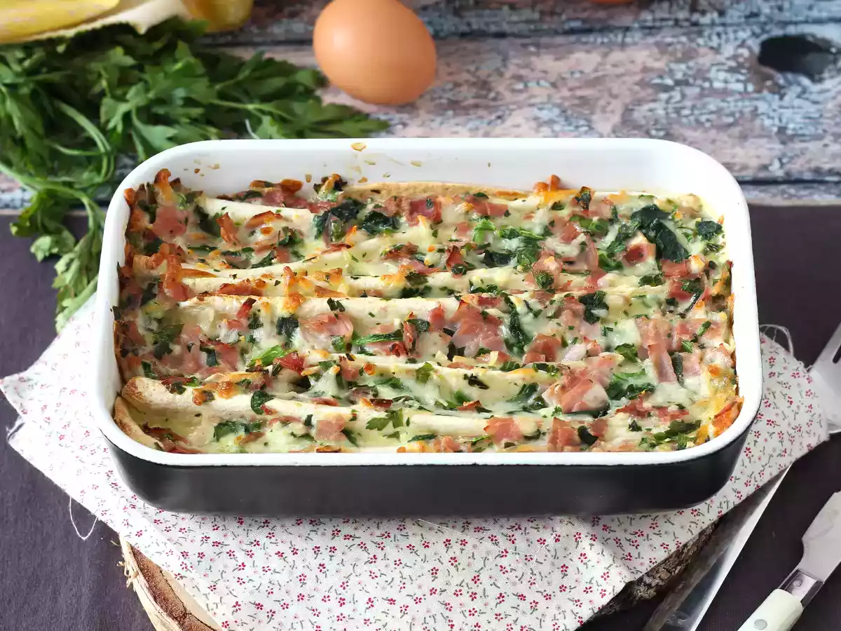 Que faire avec des tortillas? Gratin au jambon, épinards et mozzarella façon crinkle cake