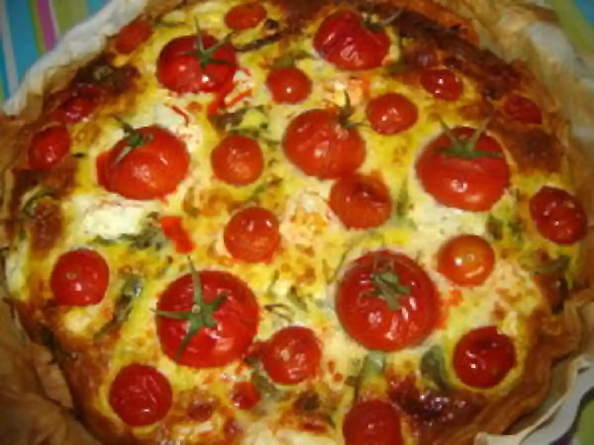 Quiche roquette, tomate, chorizo et chèvre
