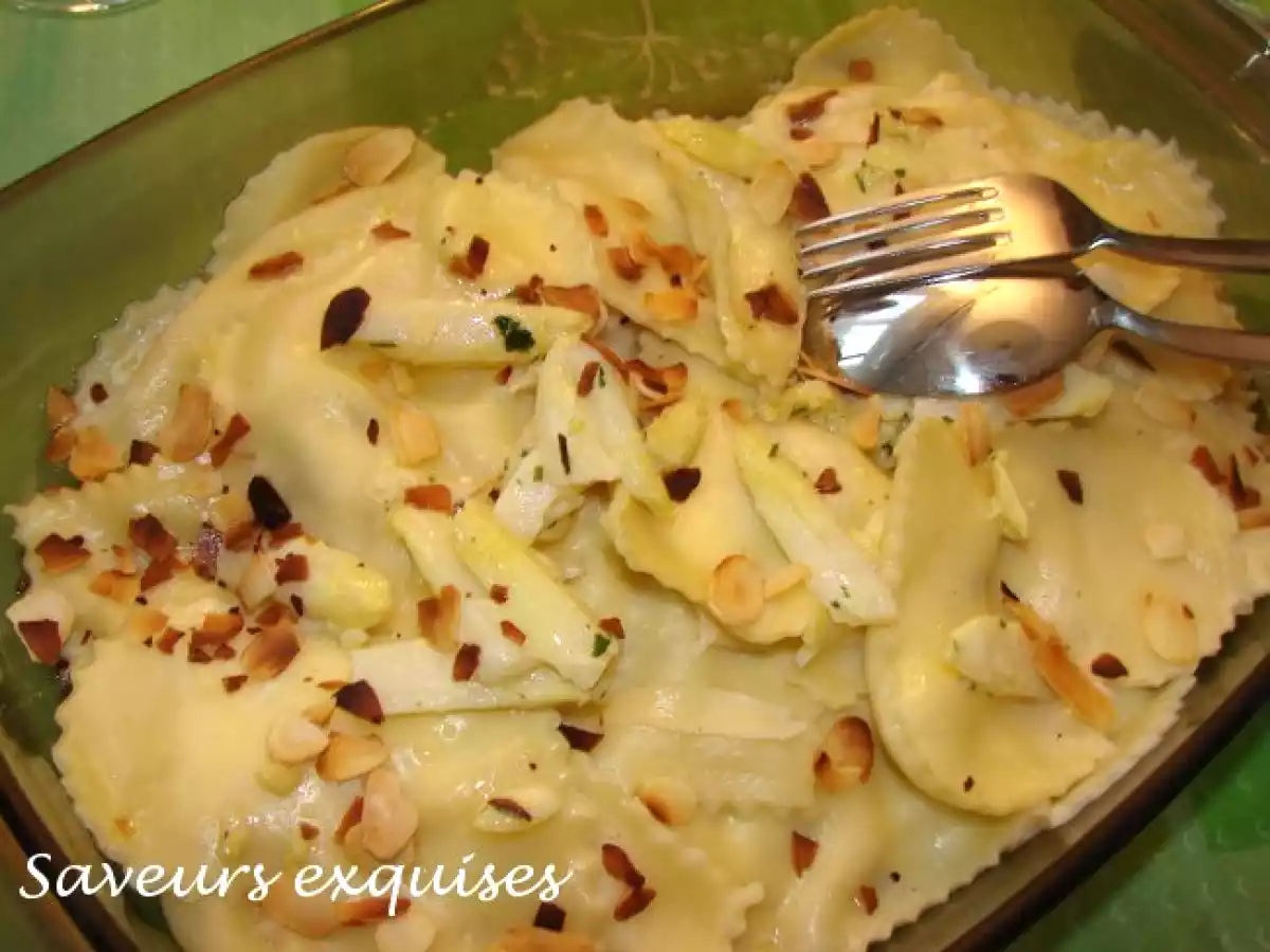 Raviolis aux asperges blanches et amandes effilées grillées