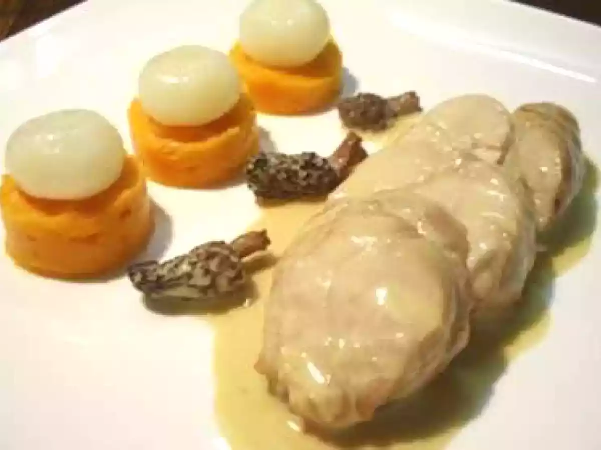 Ris de veau braisés aux morilles et porto, écrasée de patate dou