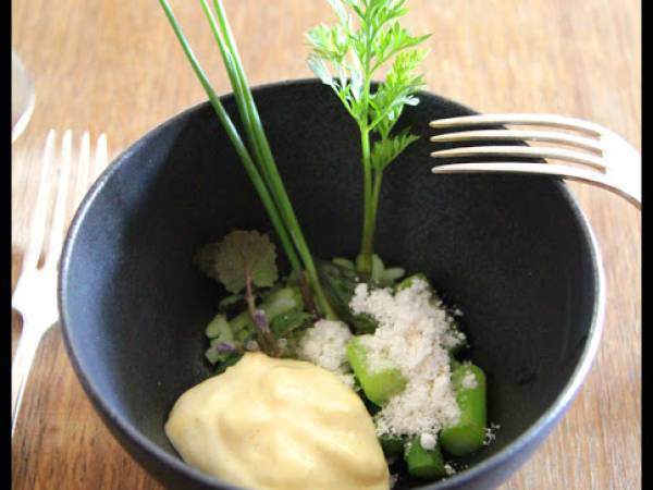 Risotto à l'ail des ours, asperges vertes, mousse de beurre au yuzu.