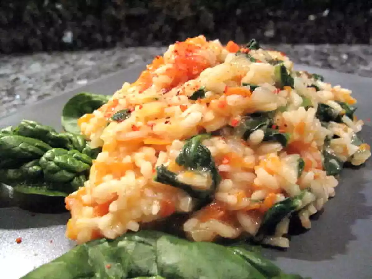Risotto à la courge et aux épinards, piment nora