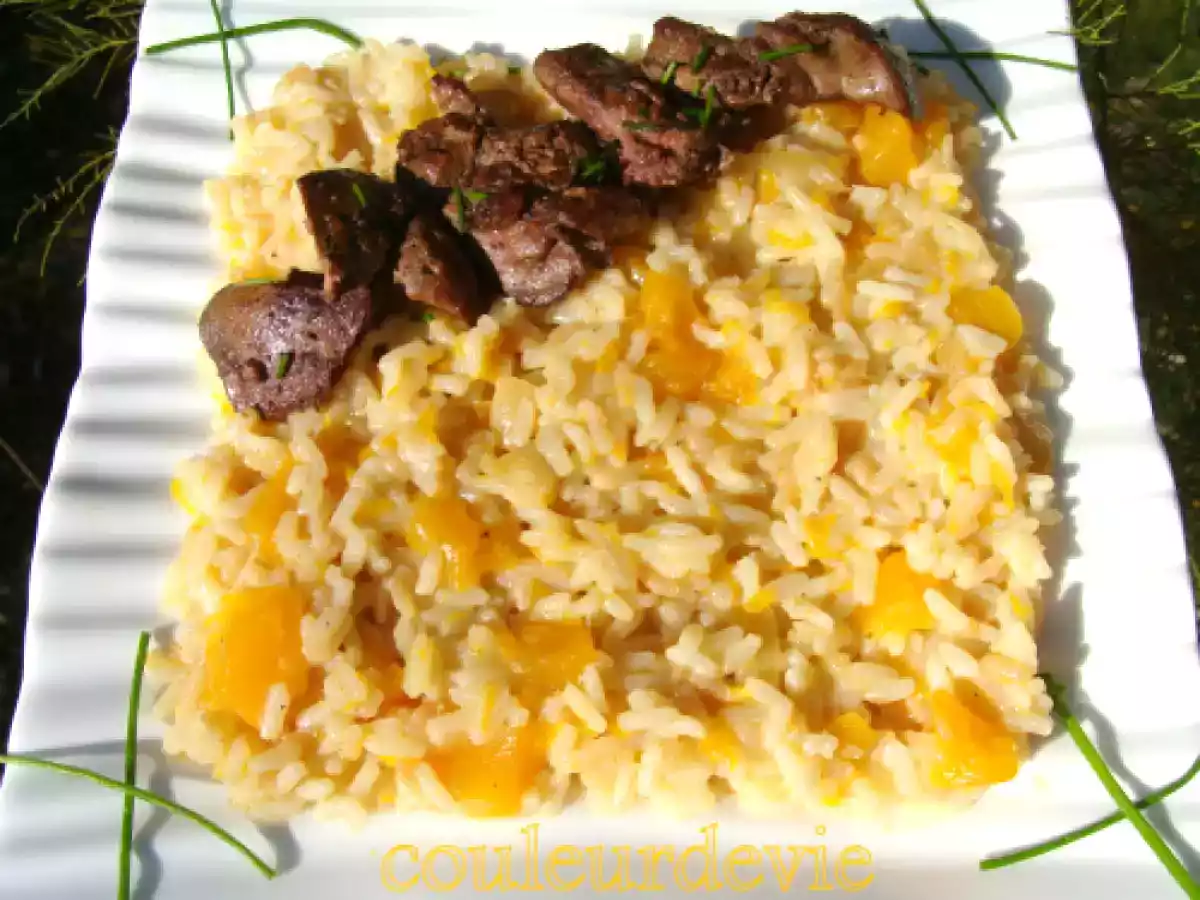 Risotto au potiron et aux foies de volaille flambés au cognac