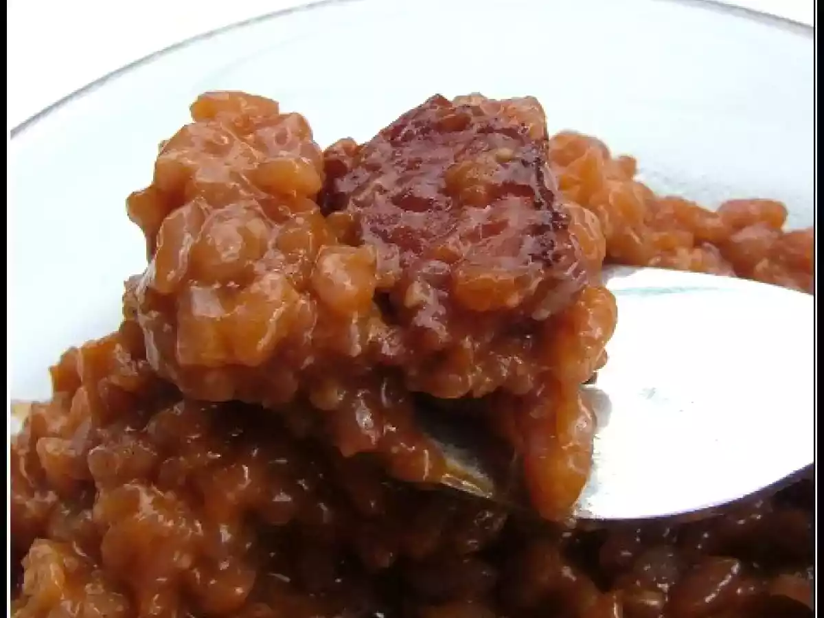 Risotto au vin rouge, tomates & saucisson