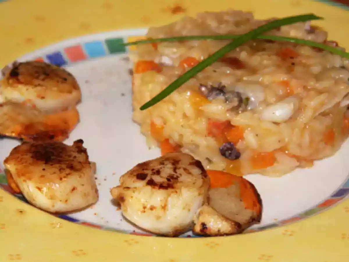 Risotto chipirons chorizo et coquilles Saint-Jacques juste poelées