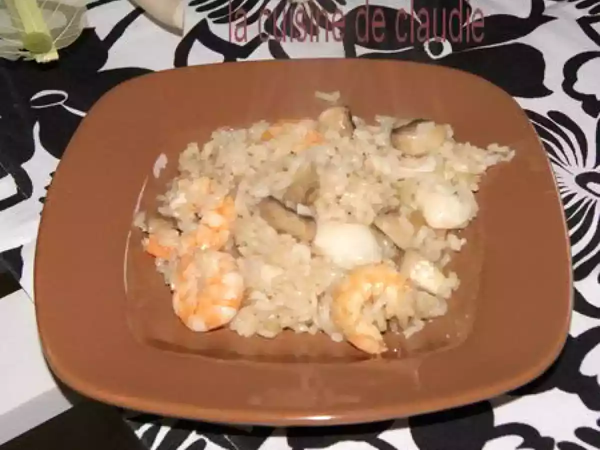 Risotto crevette, cabillaud, champignons au champagne