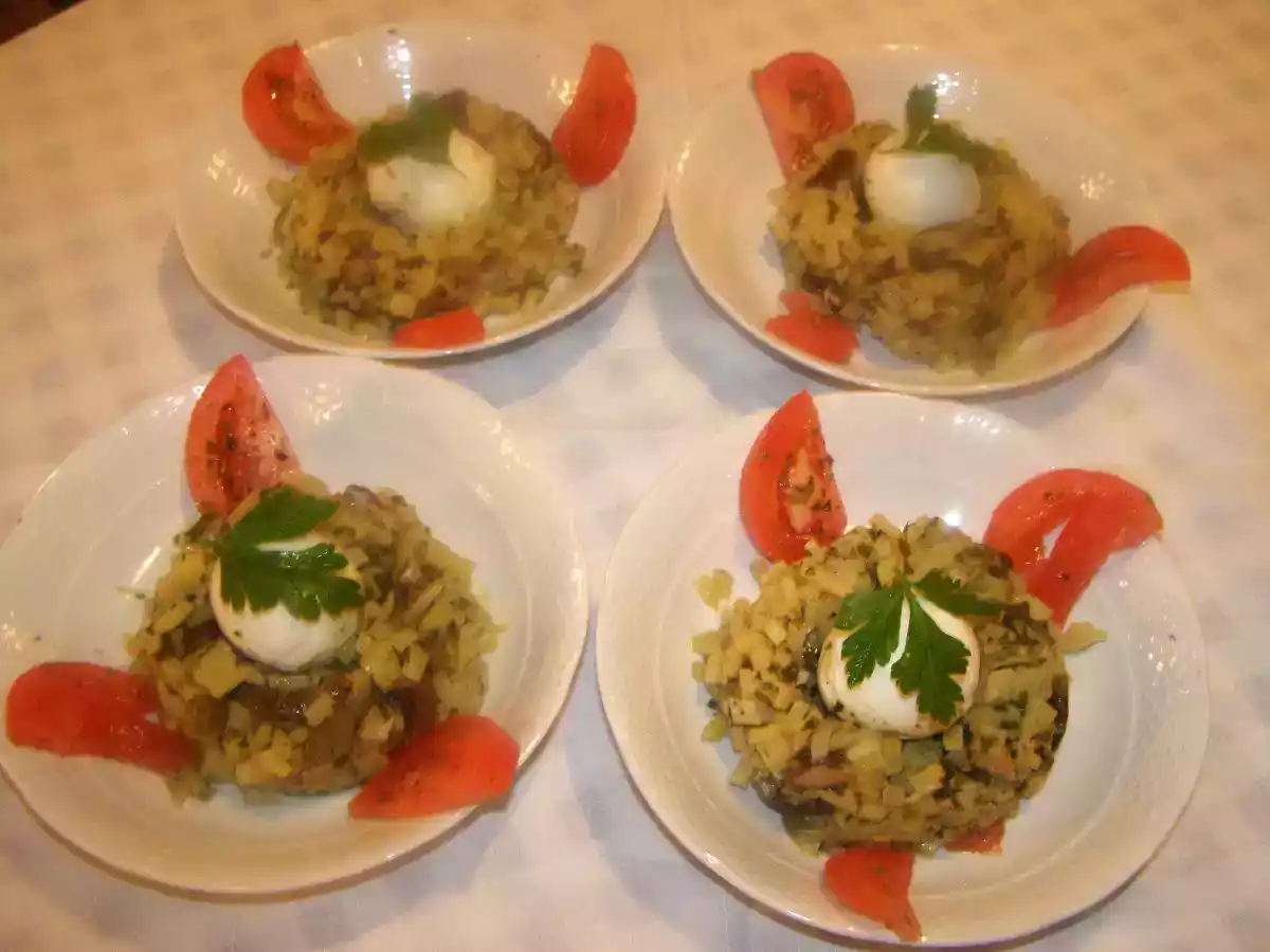 Risotto de pommes de terre aux cèpes et œufs mollets