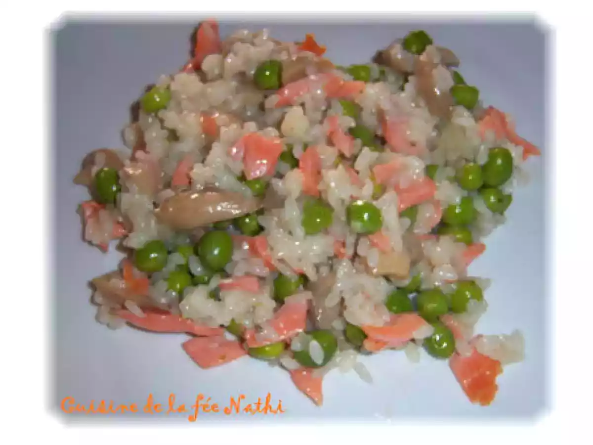 Risotto petits pois, champignons et truite fumée.... Hummm...