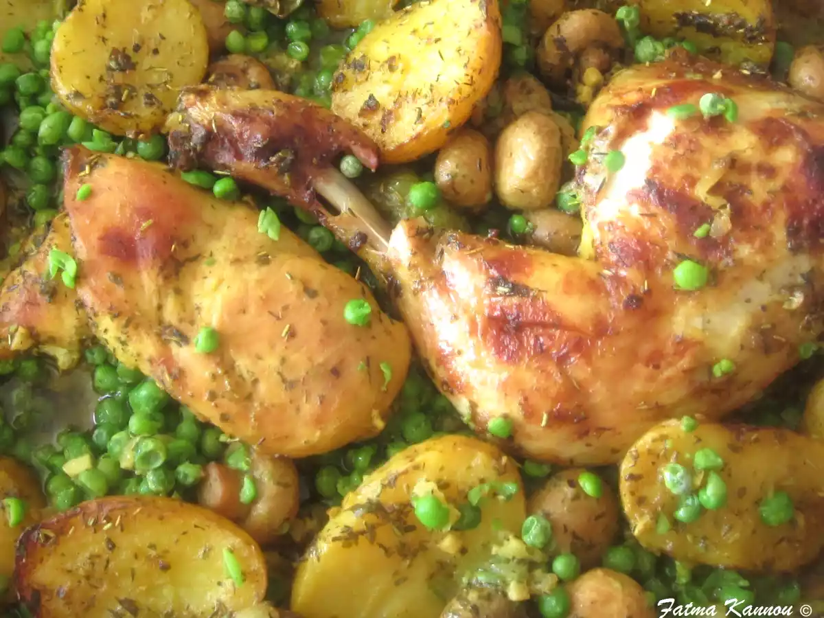 Rôti poulet et aux petits pois