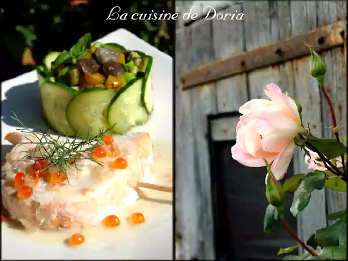 Roulade de saumon et coquilles Saint-Jacques accompagnée de sa jardinière de légume