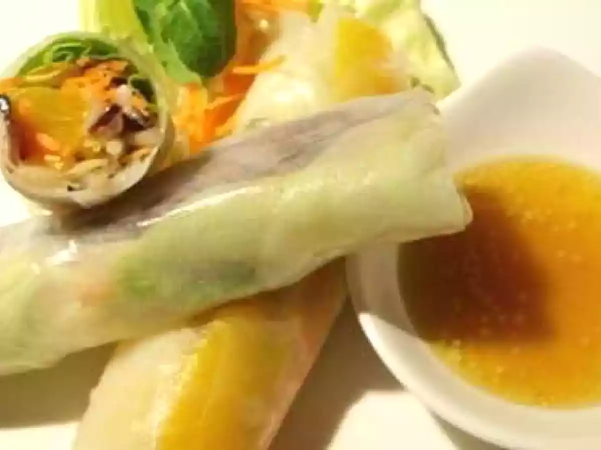 Rouleaux de printemps à l'orange et magret séché, sauce gingembr