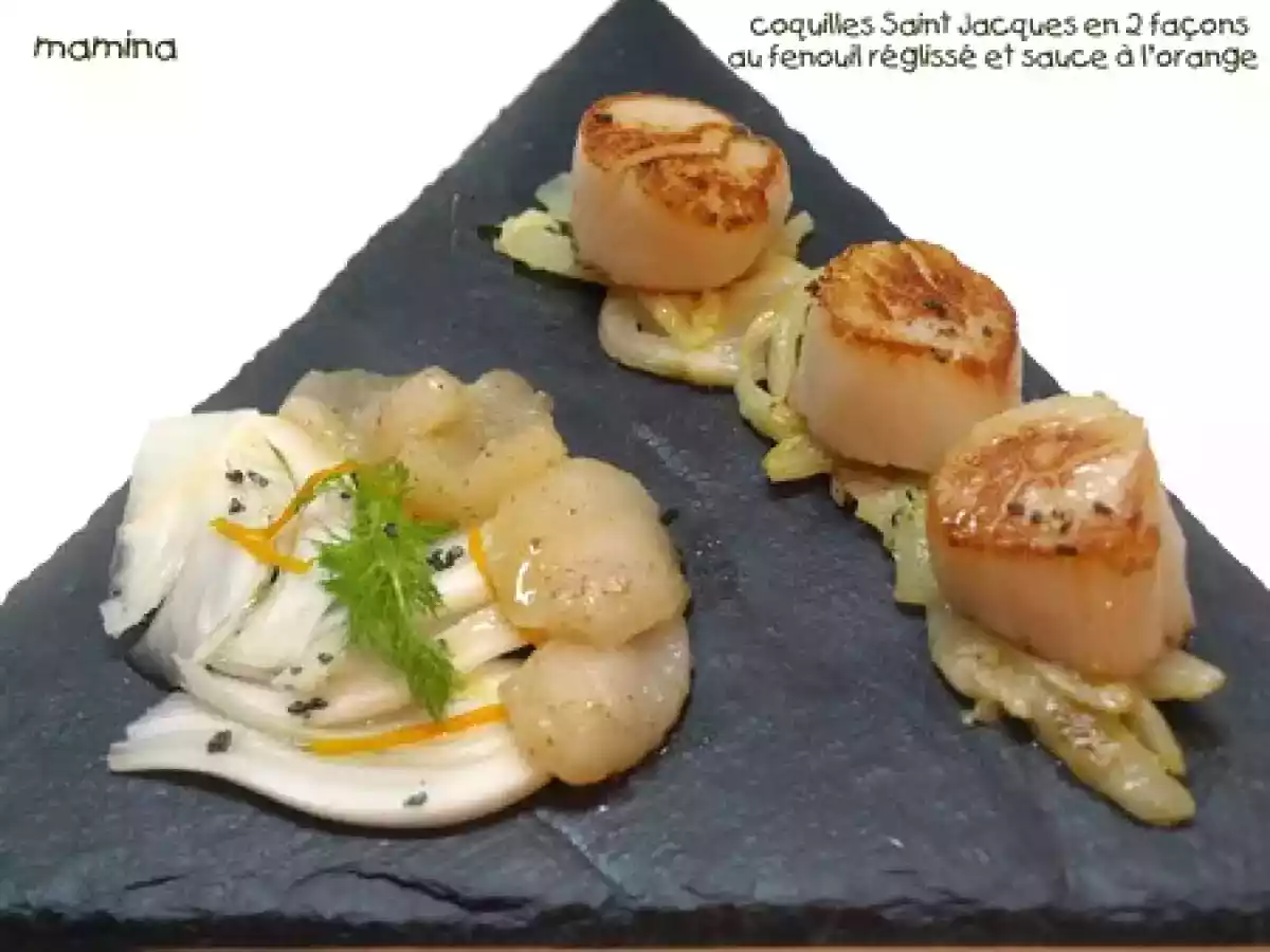 Saint Jacques en 2 façons, fenouil, réglisse et réduction d'orange