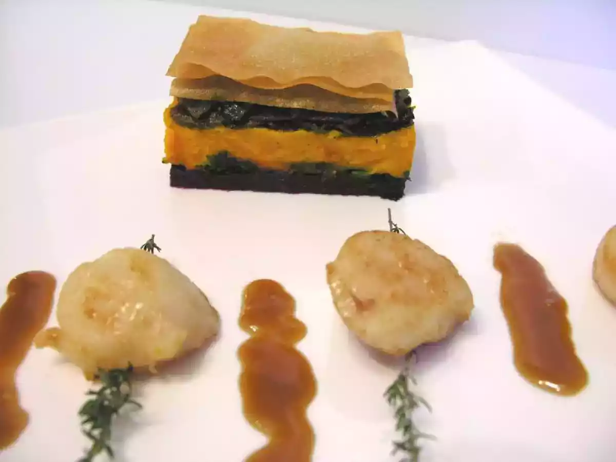 Saint Jacques et Mille-Feuilles aux Cèpes, Potimarron et Betterave sur Caramel de Xérès - photo 2