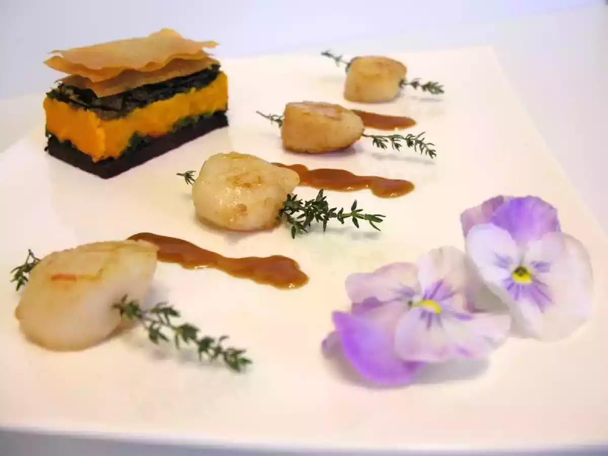 Saint Jacques et Mille-Feuilles aux Cèpes, Potimarron et Betterave sur Caramel de Xérès - photo 4