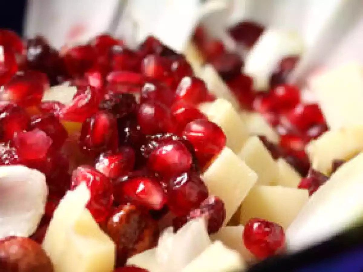 Salade aux endives, grenade, cranberries, noisettes et comté