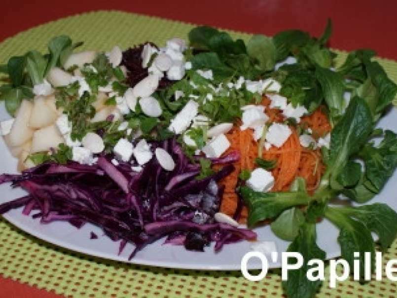 Salade de betteraves crues, carottes, chou rouge et poires