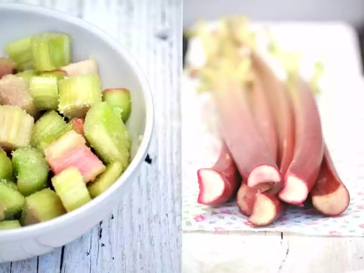 Salade de fèves au chèvre frais et artichauts et Crumble de rhubarbe pistache.