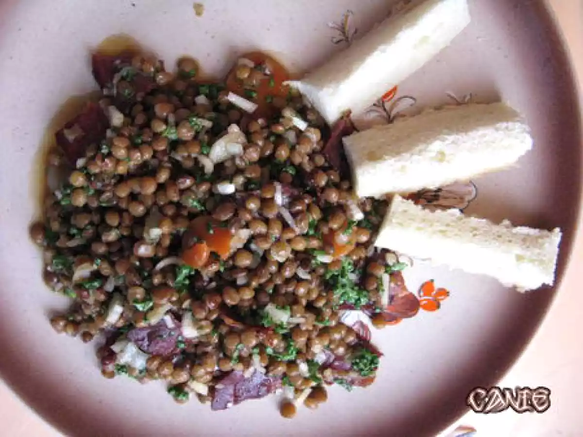 Salade de lentilles et magret de canard fumé tiede