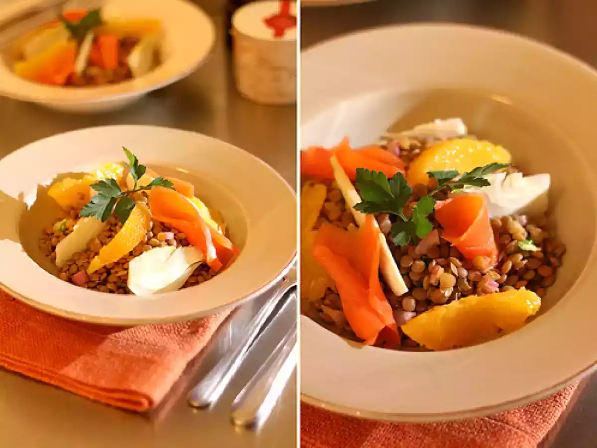 Salade de lentilles, fenouil, orange et saumon fumé