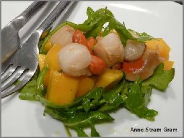 Salade de noix de Saint Jacques à la mangue et à la roquette