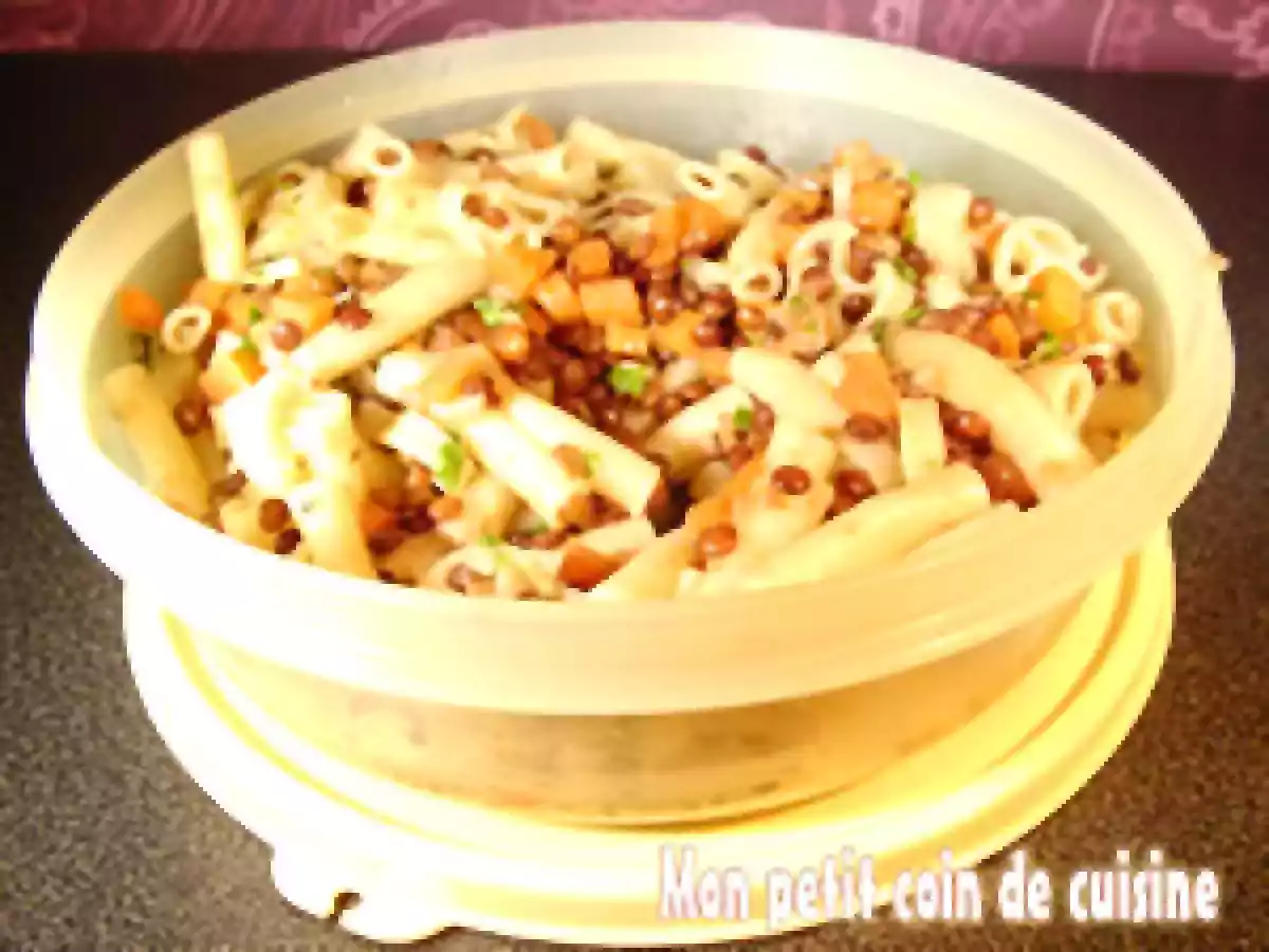 Salade de pâtes aux lentilles et aux carottes sans lait de vache